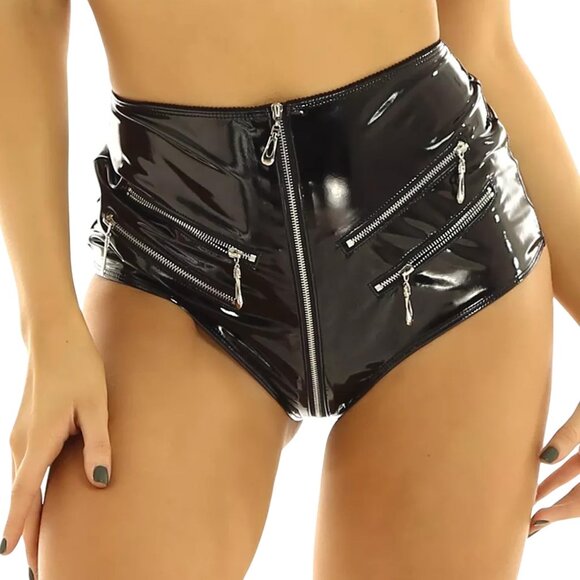 Other - FEOYA Shiny Latex Wet Look Booty Shorts High Waisted Zipper Crotch Cheek Small